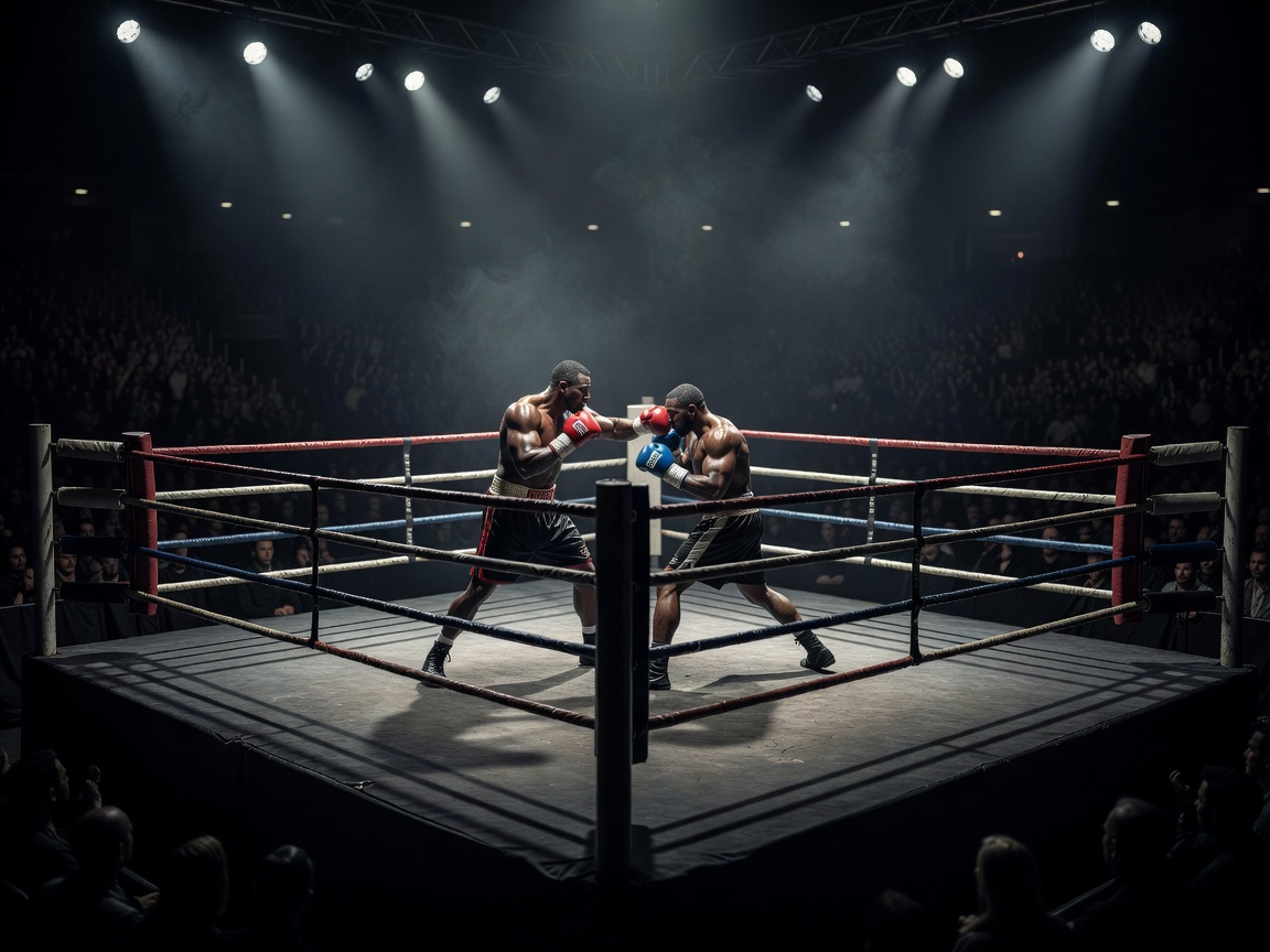 Dark dramatic boxing ring championship arena under bright spotlights